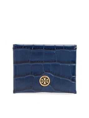 NWT Tory Burch Parker Navy Croc-Embossed Card Case with Gold Logo